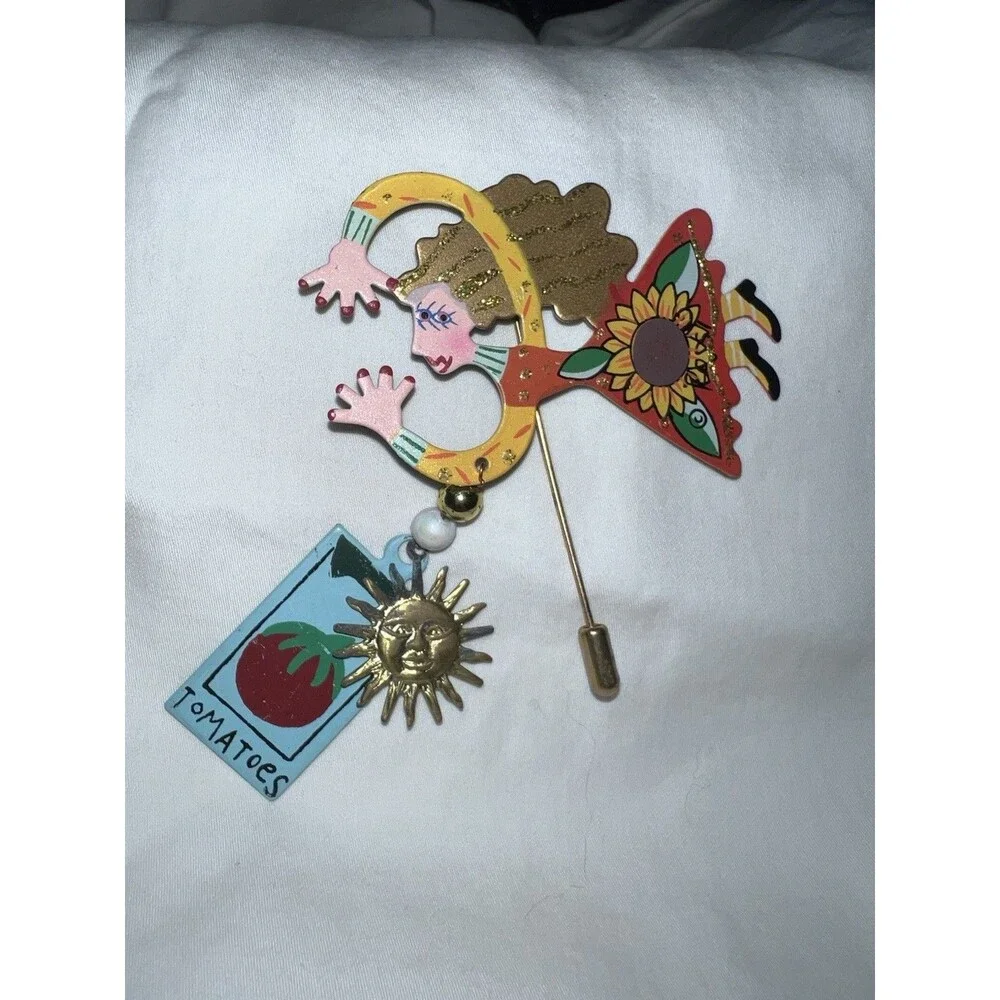 Vintage Karen Rossi Gardener Fairy Metal Stick Brooch Pin Sunflower Tomato Sun